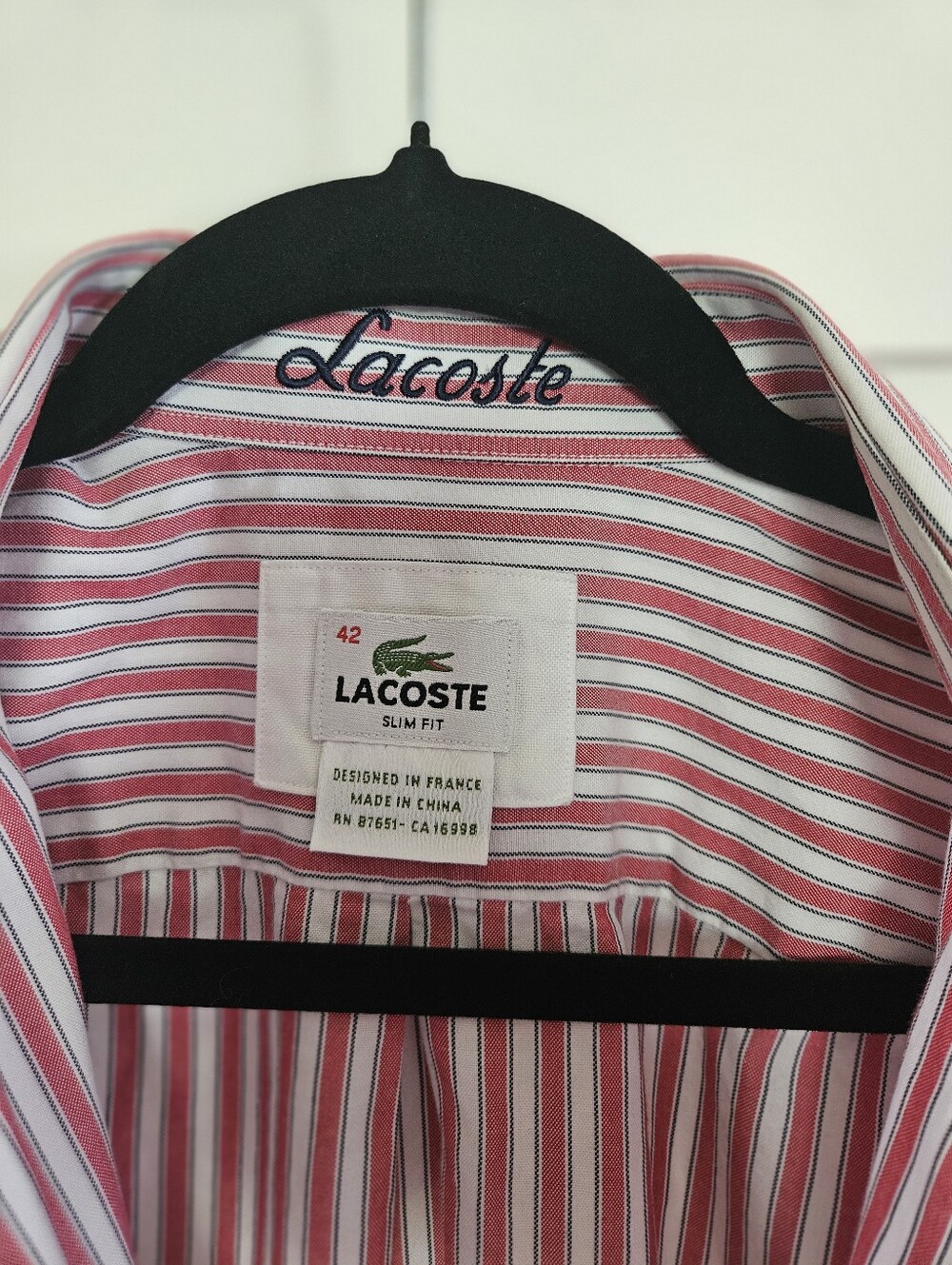 Lacoste Slim Fit Striped Button Down Shirt Mens 42 Large L Red White Cotton